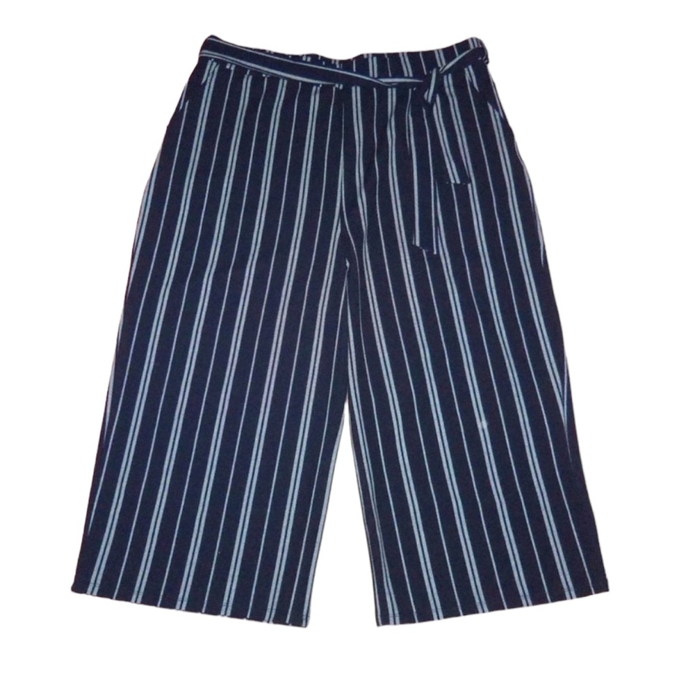 Amanda Green Belted High Waist Navy White Striped Wide Leg Cropped Pants XXL NWT